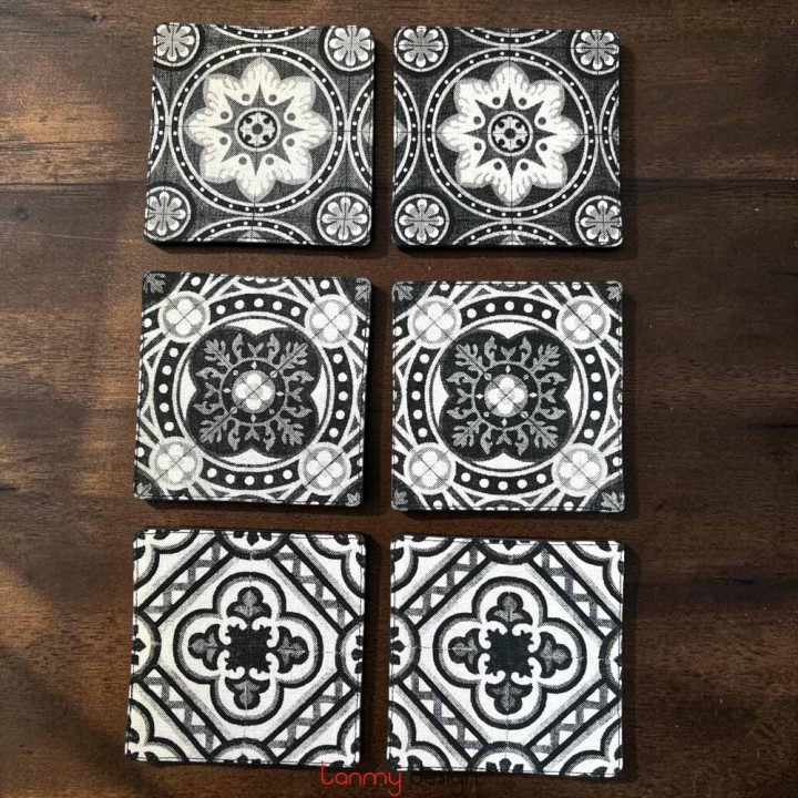 Set of 6 coasters printed with black Floor Tiles pattern ( different designs )